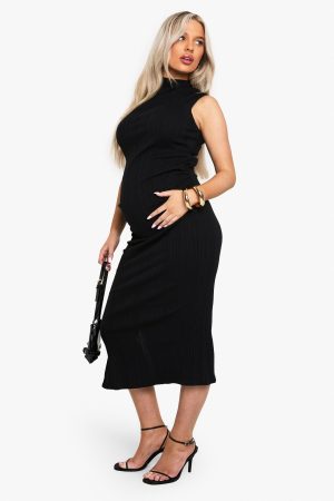 Maternity Rib Grown On Neck Ruched Bodycon