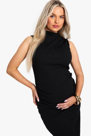 Maternity Rib Grown On Neck Ruched Bodycon