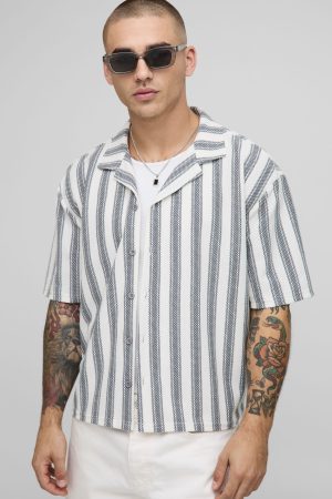 Oversized Boxy Popcorn Texture Striped Jersey Shirt