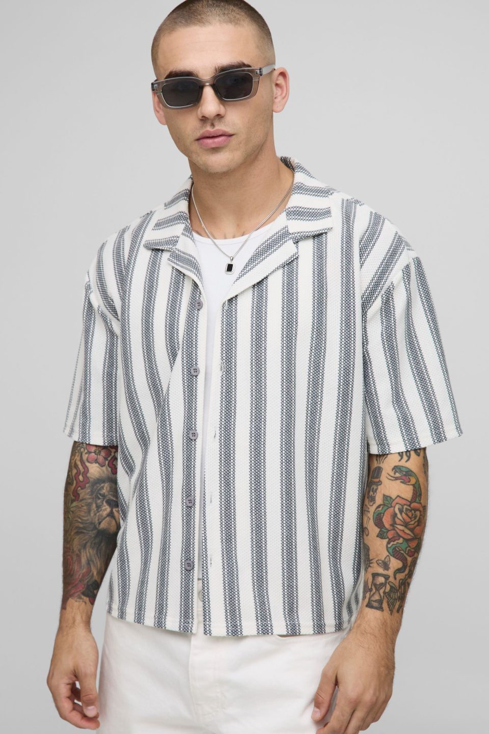 Oversized Boxy Popcorn Texture Striped Jersey Shirt
