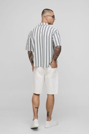 Oversized Boxy Popcorn Texture Striped Jersey Shirt