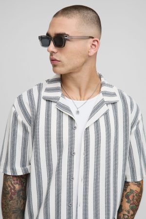 Oversized Boxy Popcorn Texture Striped Jersey Shirt