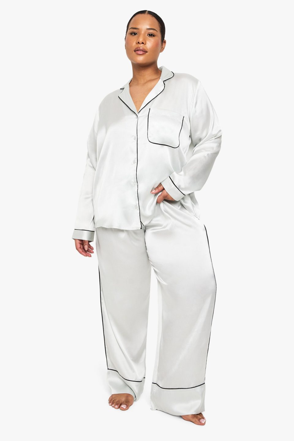 Plus Contrast Piping Satin Long Sleeve Pyjama Shirt And Trouser Set