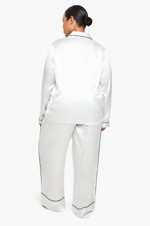Plus Contrast Piping Satin Long Sleeve Pyjama Shirt And Trouser Set