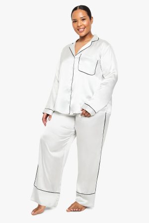 Plus Contrast Piping Satin Long Sleeve Pyjama Shirt And Trouser Set