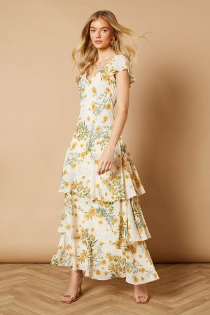 Floral Printed Chiffon Ruffle Tiered Maxi Dress