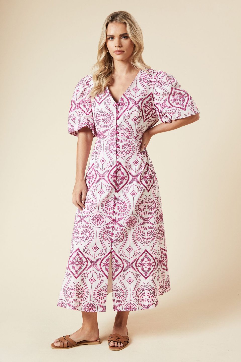 Petite Cutwork Button Front Midi Dress