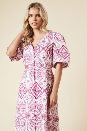 Petite Cutwork Button Front Midi Dress