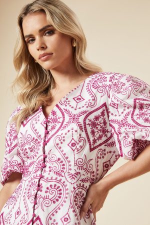 Petite Cutwork Button Front Midi Dress