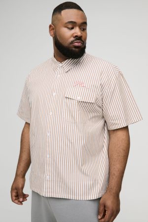 Plus Oversized Worldwide Embroidery Slogan Stripe Shirt