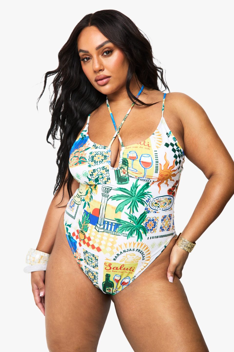 Plus Postcard Print Tie Front Swimsuit