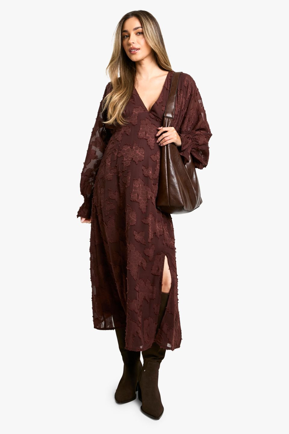 Maternity Burn Out Long Sleeve Floaty Midaxi Dress
