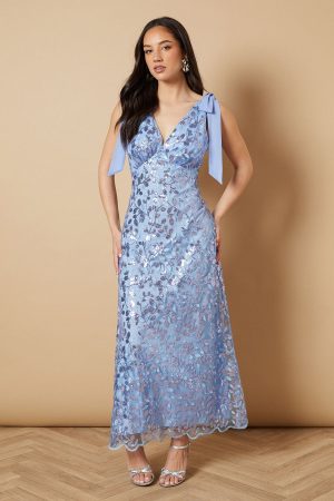 Embellished Floral V Neck Midaxi Dress
