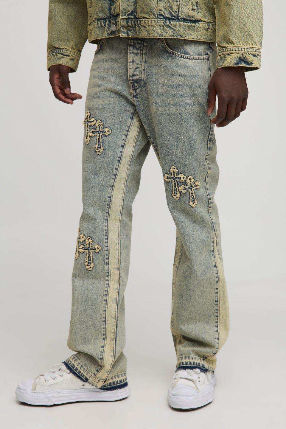 Slim Flared Cross Applique Panelled Jeans