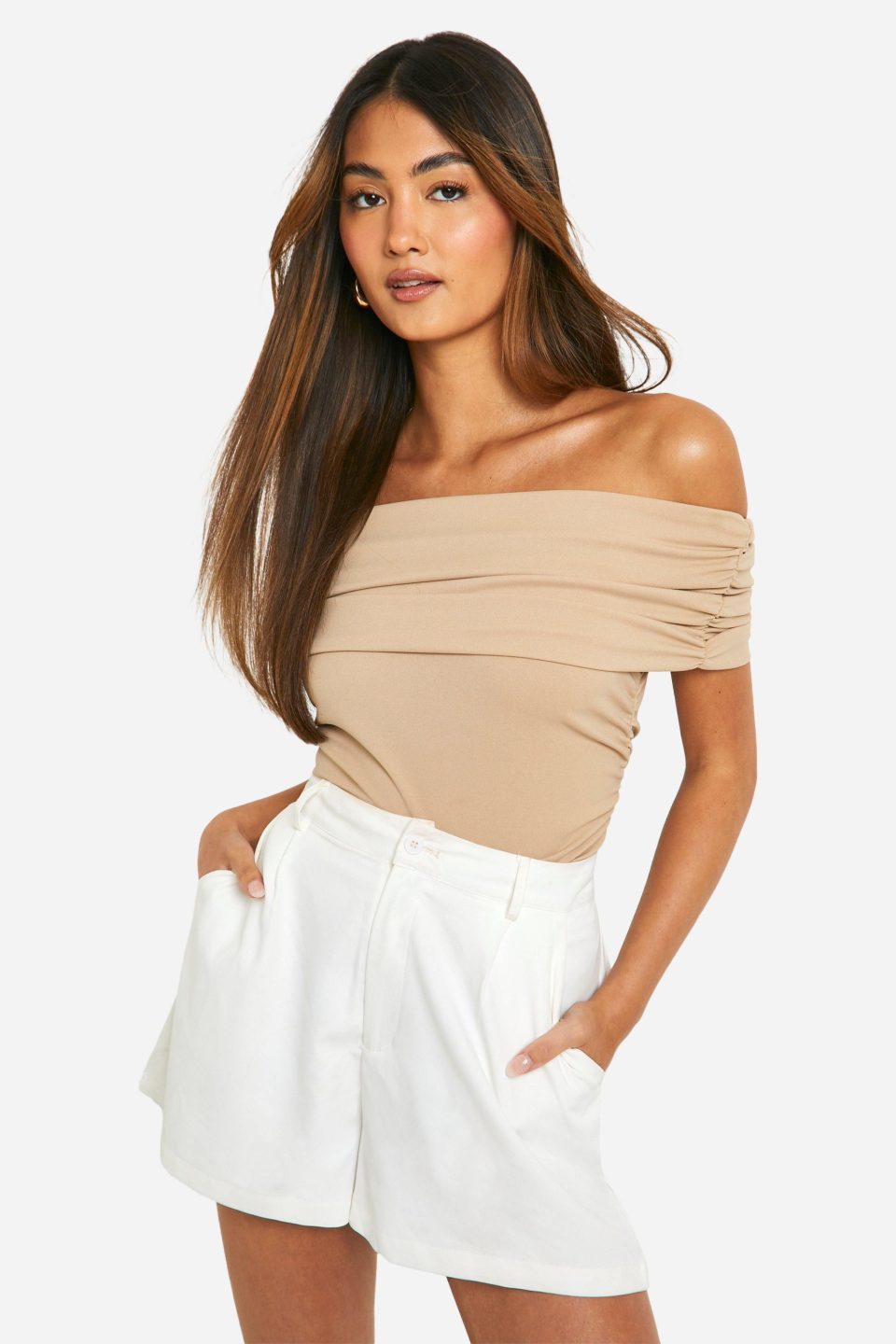 Crepe Bardot Ruched Top