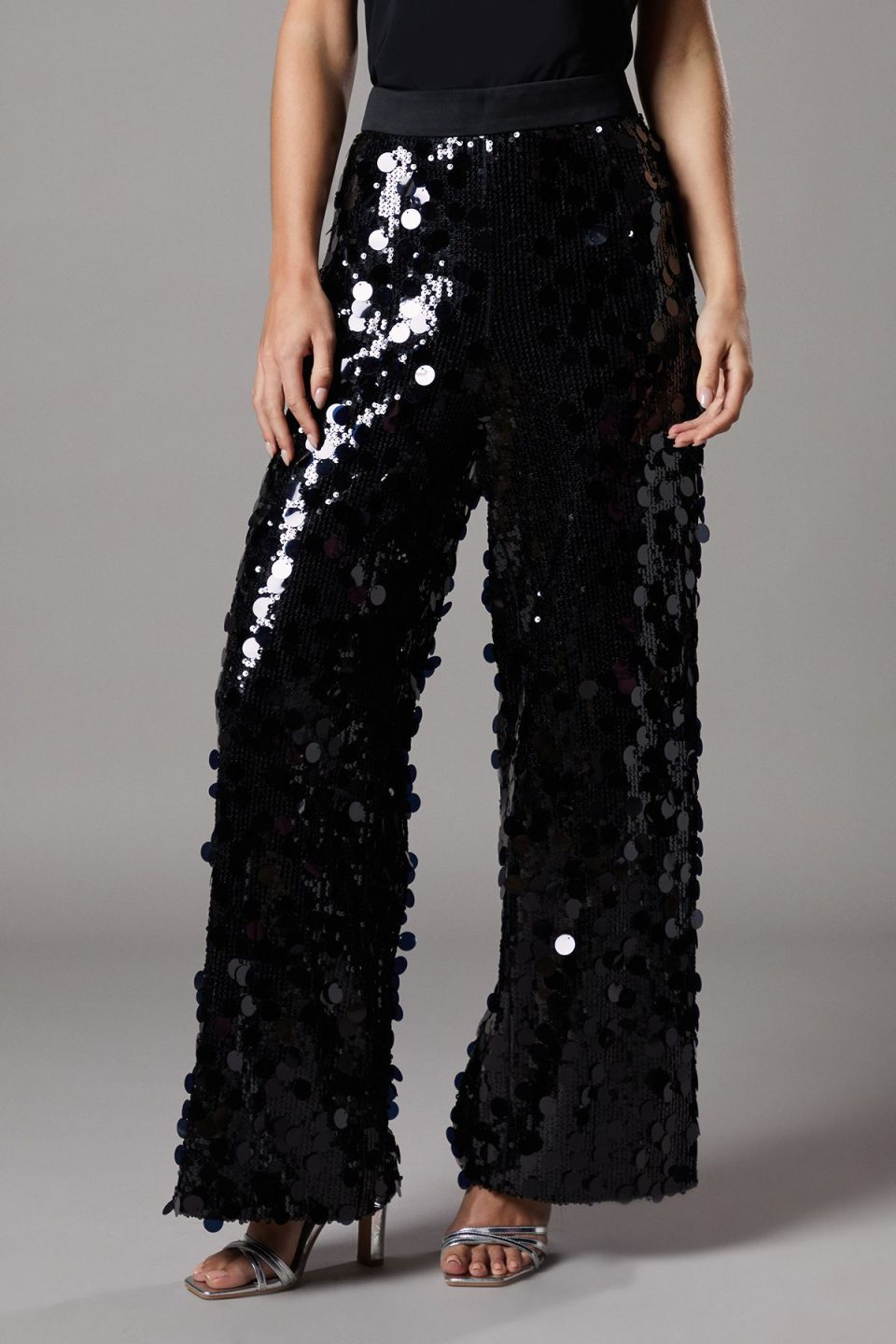 Petite Party Disc Sequin Satin Trim Trouser