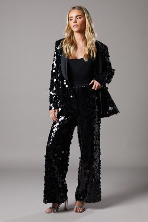 Petite Party Disc Sequin Satin Trim Trouser