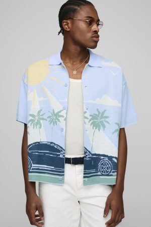 Boxy Fit Scenic Car Jacquard Knitted Shirt