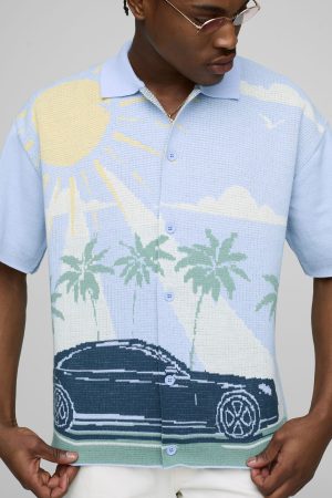 Boxy Fit Scenic Car Jacquard Knitted Shirt