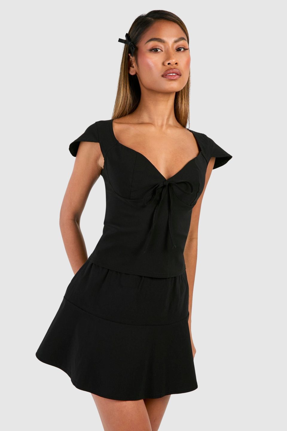 Flared Shoulder Crop & Pep Hem Mini Skirt