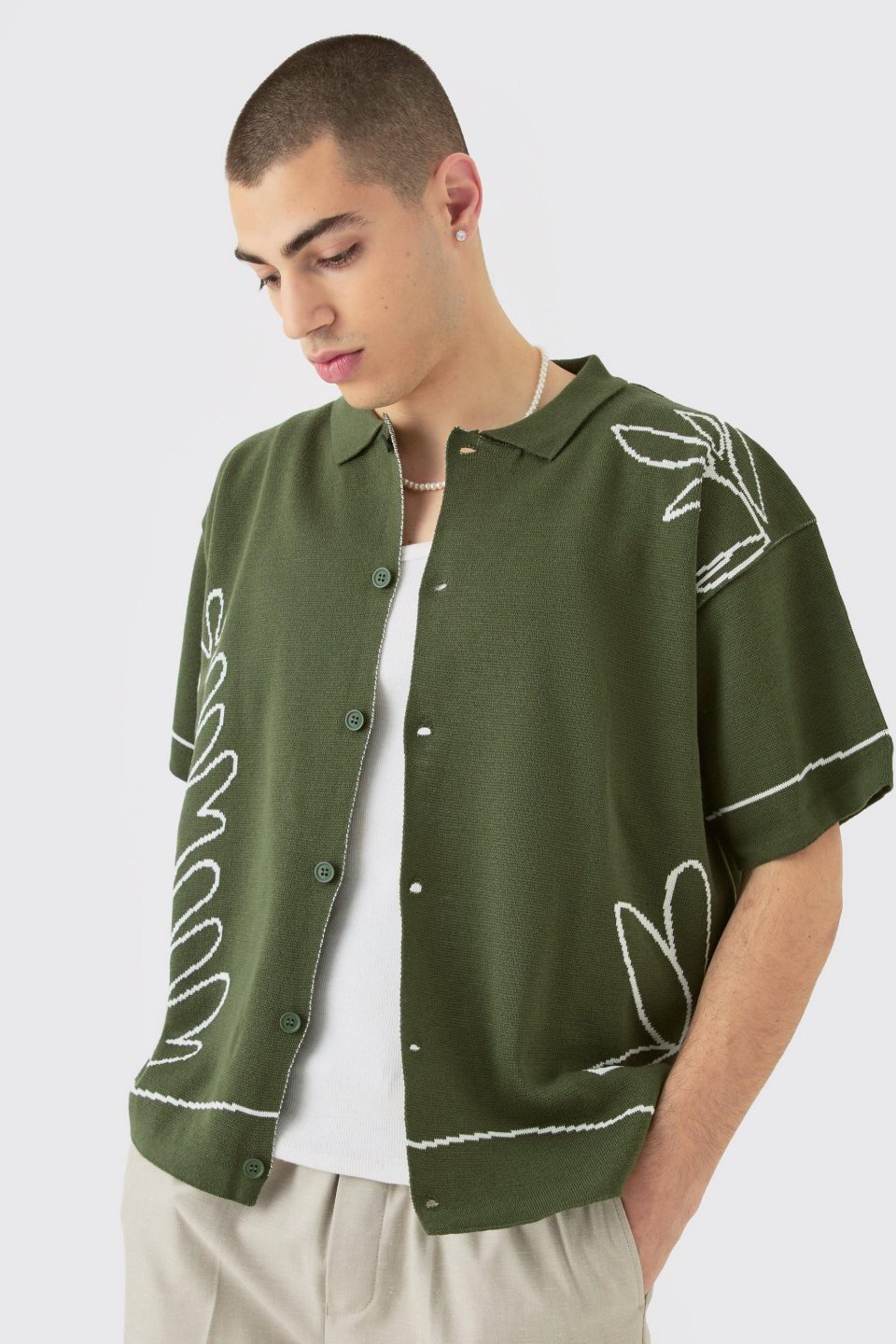 Boxy Jacquard Knit Abstract Detail Shirt In Olive