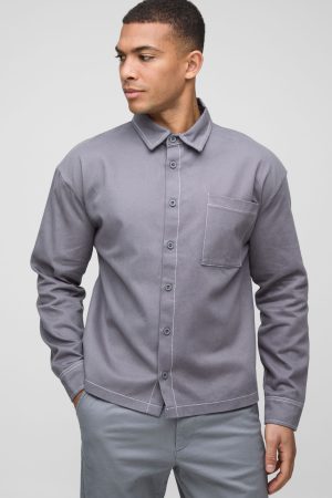 Regular Fit Contrast Stitch Twill Overshirt