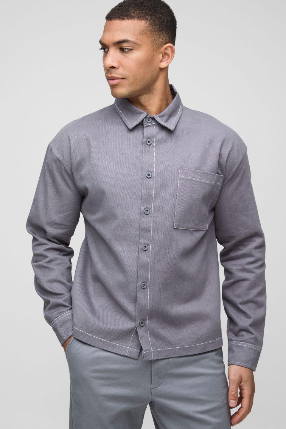 Regular Fit Contrast Stitch Twill Overshirt