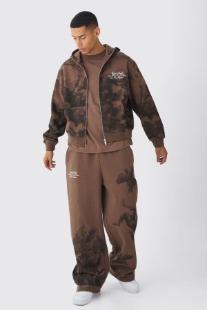 Oversized Boxy Zip Through Renaissance Print Hooded Tracksuit