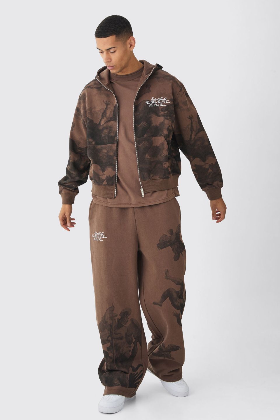 Oversized Boxy Zip Through Renaissance Print Hooded Tracksuit