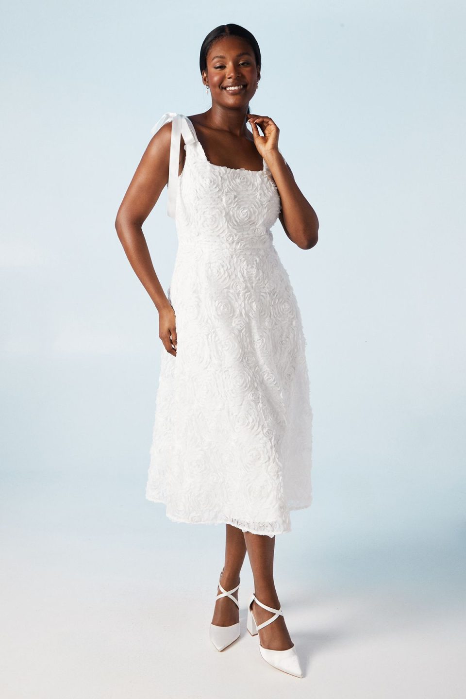 3D Floral Tulle Wedding Midi Dress