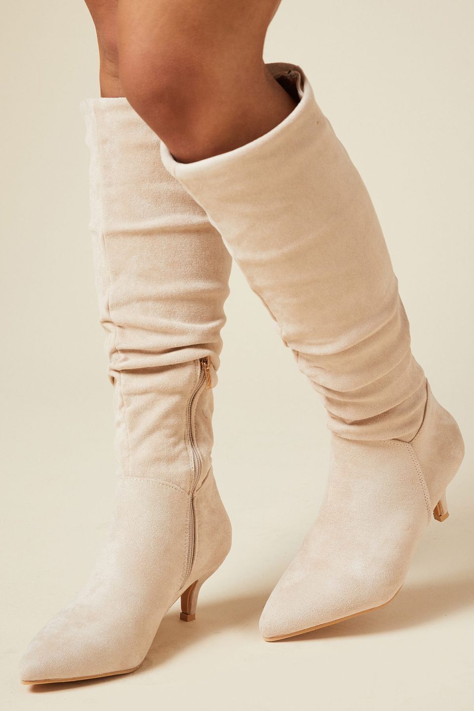 Wide Fit Khloe Knee High Low Heel Ruched Boots