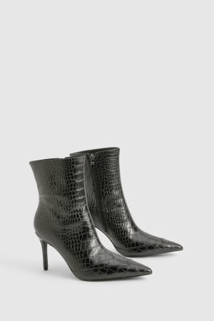 Pointed Toe Croc Detail Heeled Ankle Boot