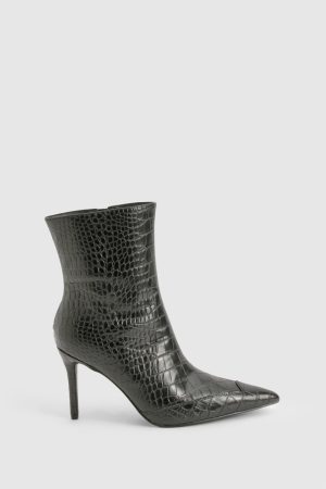 Pointed Toe Croc Detail Heeled Ankle Boot