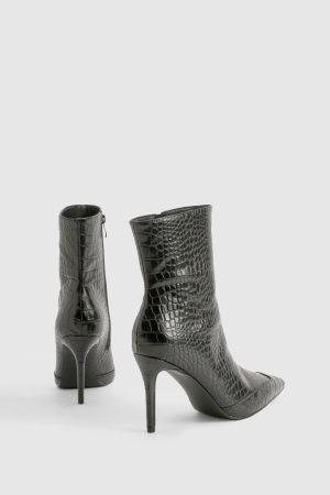 Pointed Toe Croc Detail Heeled Ankle Boot