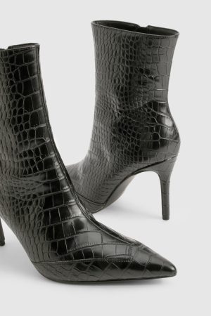 Pointed Toe Croc Detail Heeled Ankle Boot