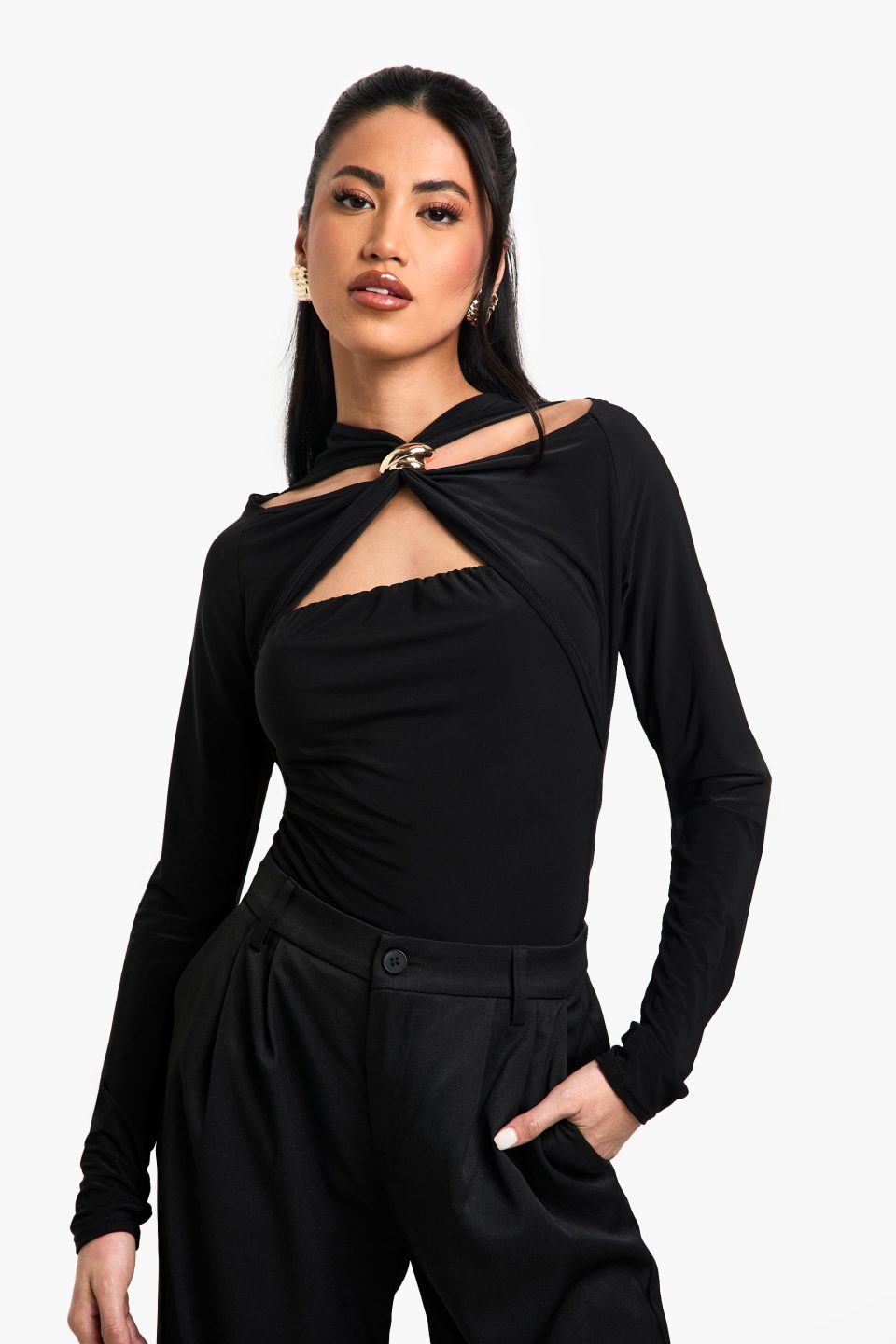 Double Layer Slinky Trim Detail Cut Out Bodysuit