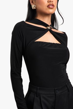 Double Layer Slinky Trim Detail Cut Out Bodysuit