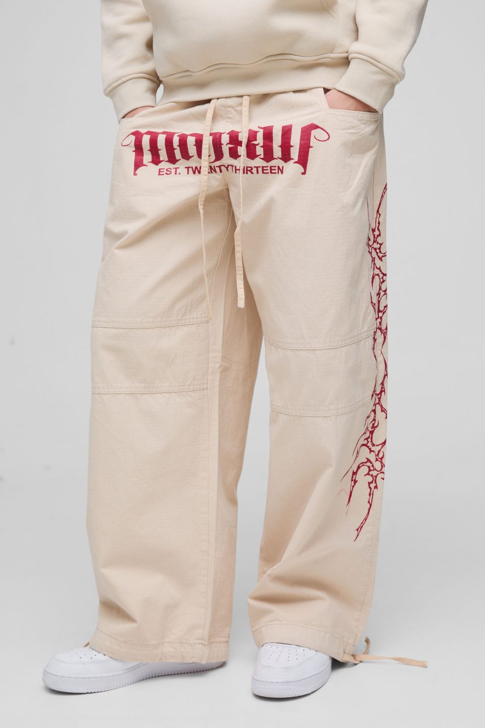 Elasticated Waist Parachute Acid Wash Ripstop Printed Trousers