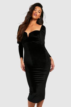 Tall Velvet Sweetheart Puff Sleeve Midi Dress