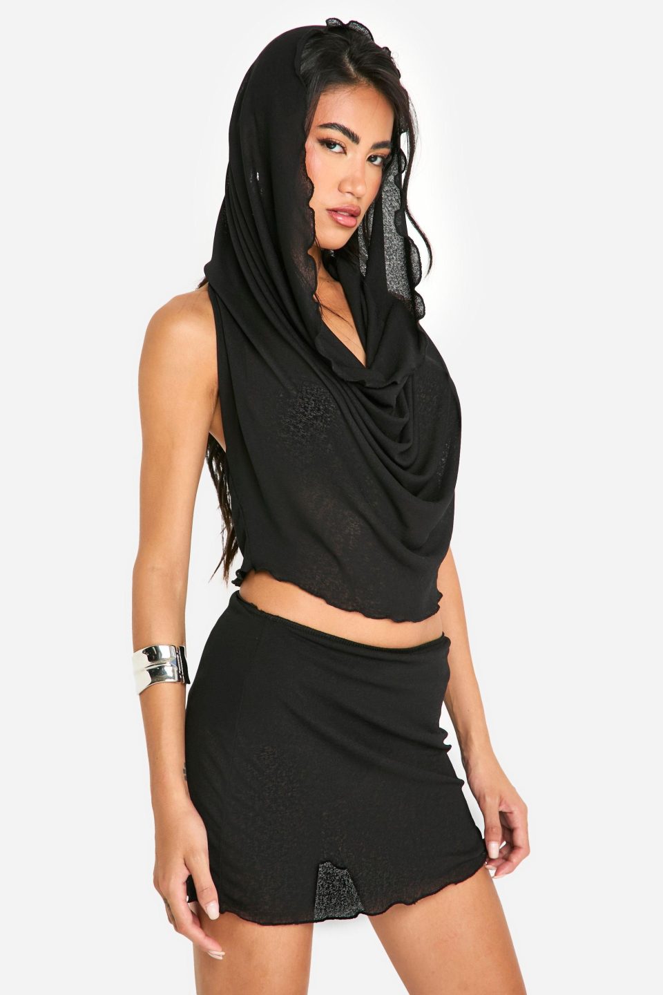 Textured Mesh Hooded Cowl Neck Cowl Top & Micro Skirt Set