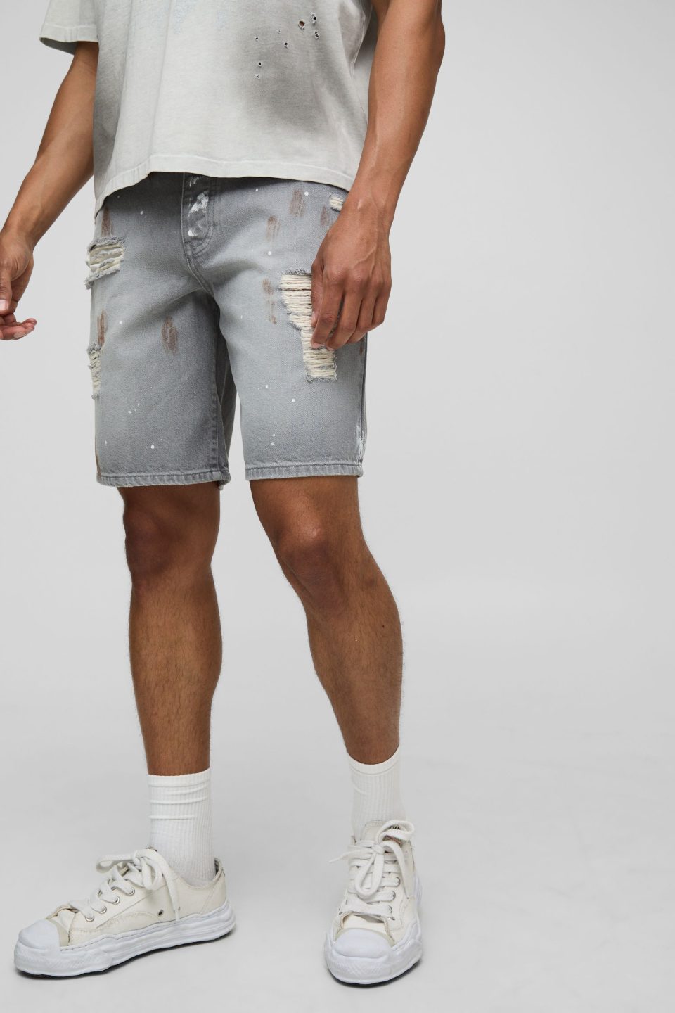 Relaxed Ripped Paint Splatter Rigid Denim Shorts In Grey