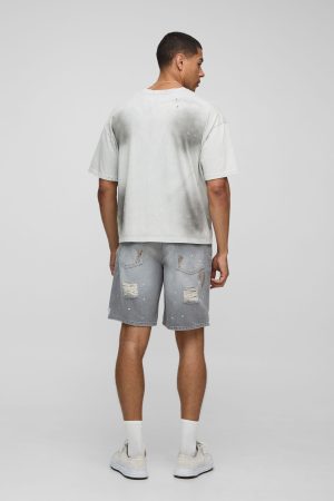 Relaxed Ripped Paint Splatter Rigid Denim Shorts In Grey