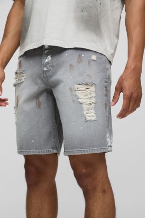Relaxed Ripped Paint Splatter Rigid Denim Shorts In Grey
