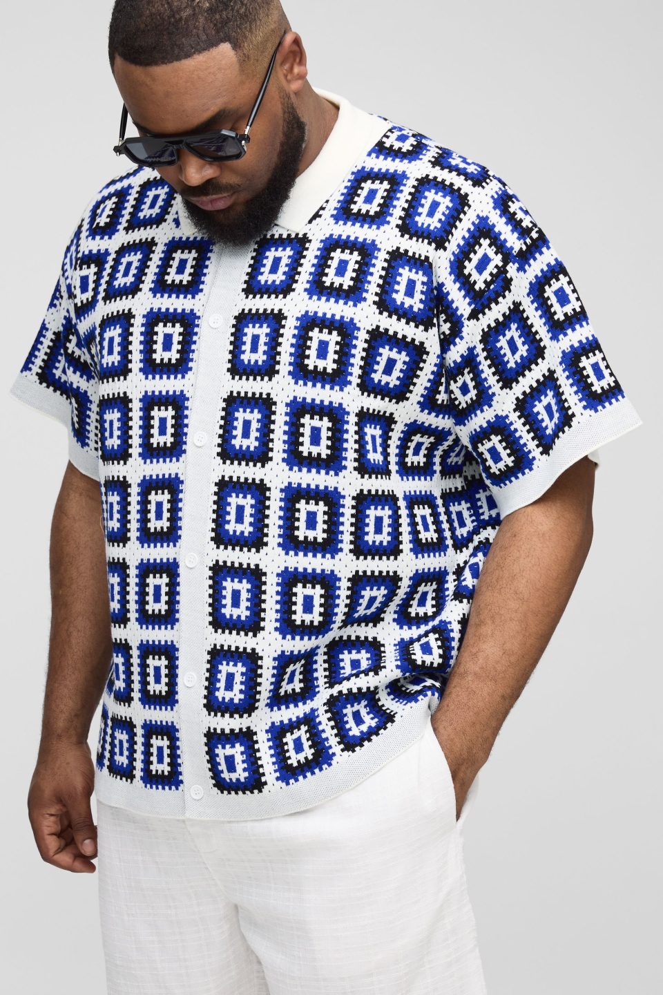 Plus Oversized Boxy Crochet Knit Shirt In White