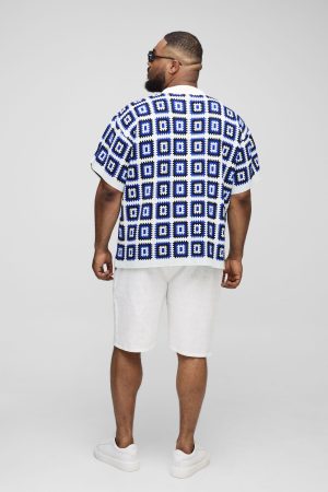 Plus Oversized Boxy Crochet Knit Shirt In White