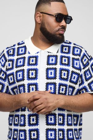 Plus Oversized Boxy Crochet Knit Shirt In White