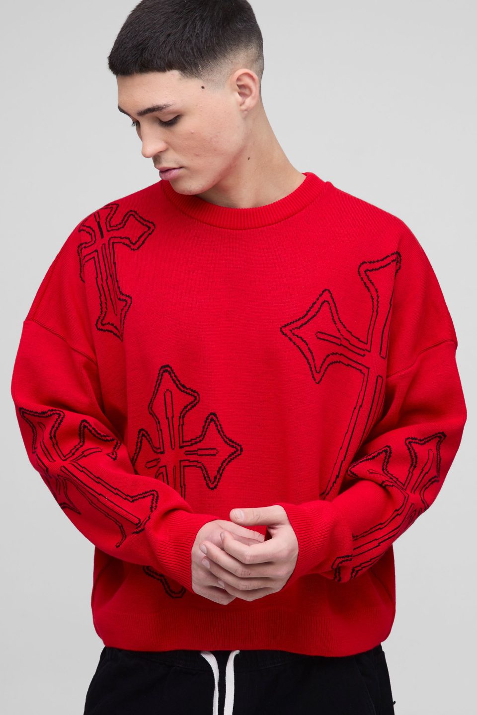 Oversized Boxy Cross Crew Neck Knitted Jumper
