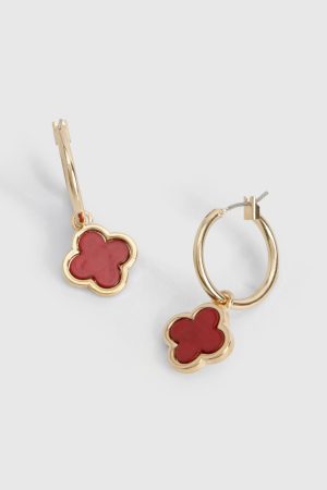 Cherry Red Clover Hoop Earrings