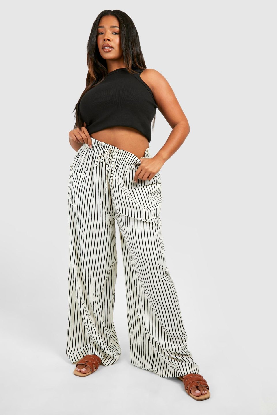 Plus Stripe Woven Elasticated Wide Leg Trouser