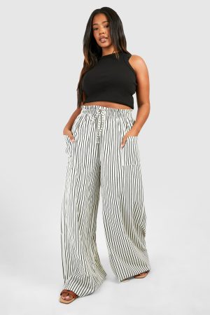 Plus Stripe Woven Elasticated Wide Leg Trouser